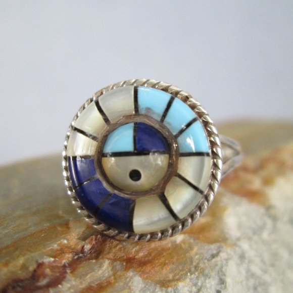 Zuni Sunface Ring, Turquoise Lapis Mother Of Pearl Onyx, Frank Yazzie Design - Picture 2 of 8
